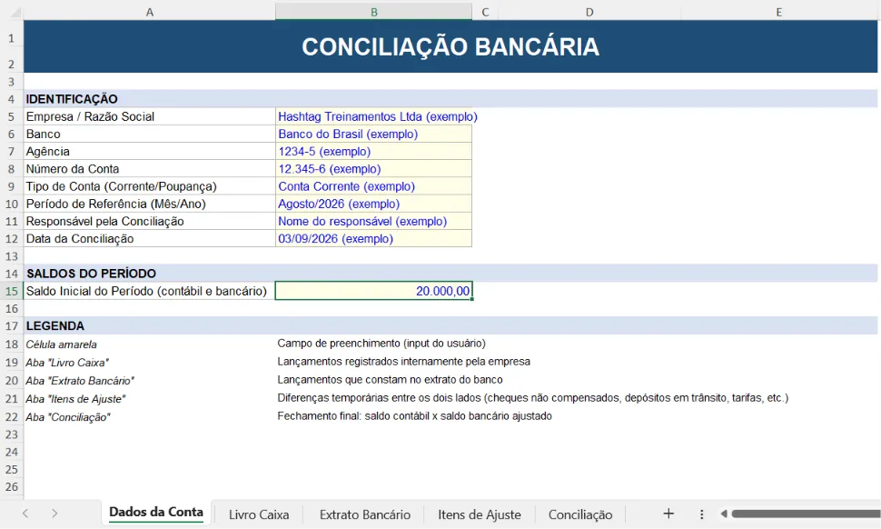 print da aba "Dados da Conta" mostrando a identificação da empresa e o saldo inicial do período
