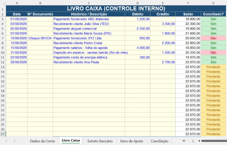 print da aba "Livro Caixa" com os lançamentos, o saldo calculado e a coluna de status conciliado