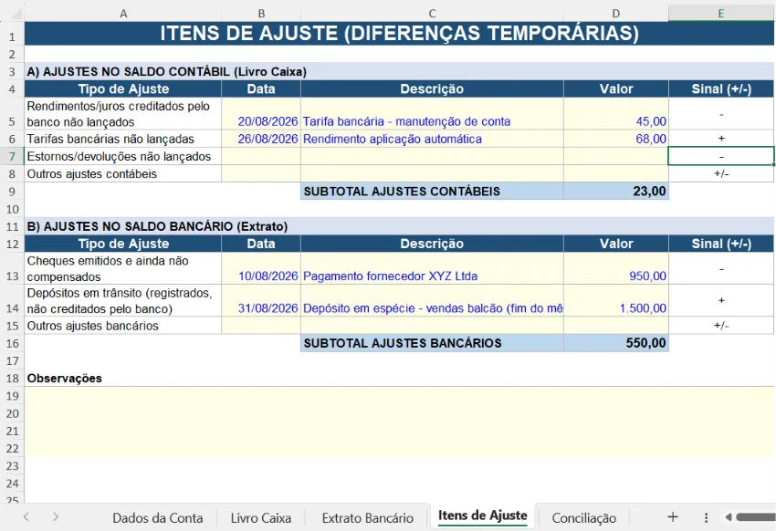 print da aba "Itens de Ajuste" com os ajustes contábeis e bancários detalhados