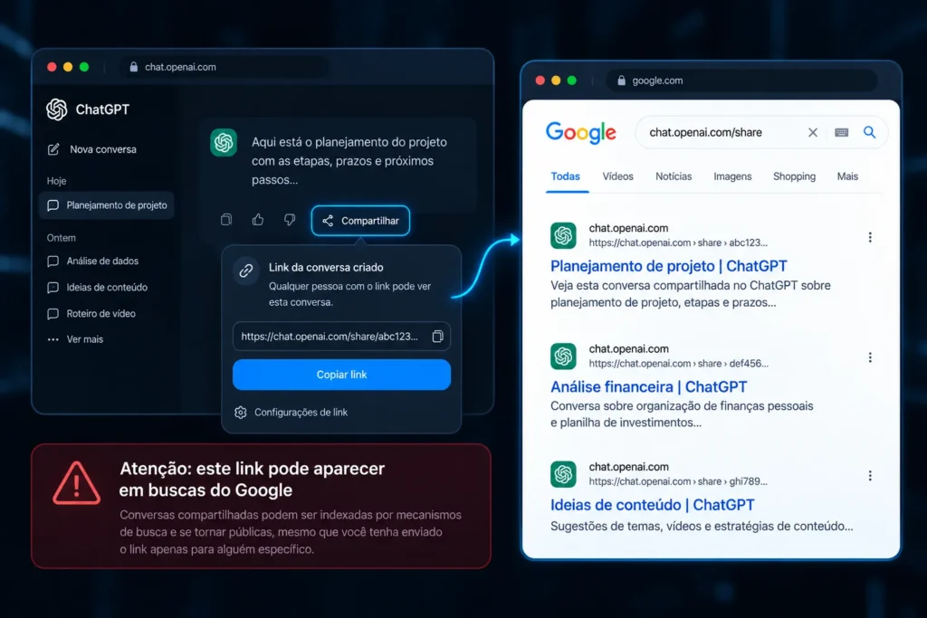 ilustração de um link de conversa compartilhada com o aviso de que ele pode ficar público em buscas