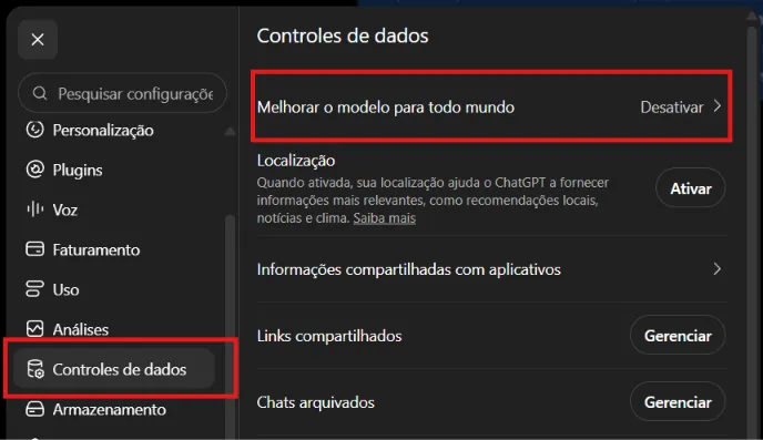print mostrando o caminho de configurações de privacidade dentro do ChatGPT, perfil, configurações, controle de dados