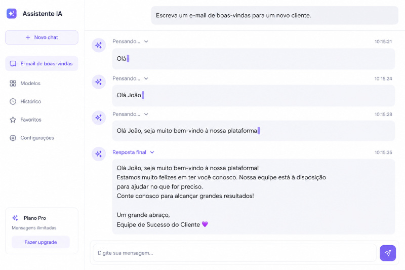 ilustração mostrando um texto sendo construído pedaço por pedaço, tipo "Olá" virando "Olá João" e depois a frase completa