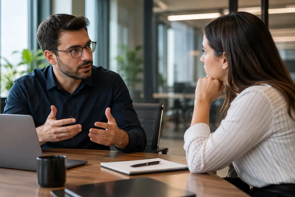 gestor conversando com colaborador sobre feedback de desempenho