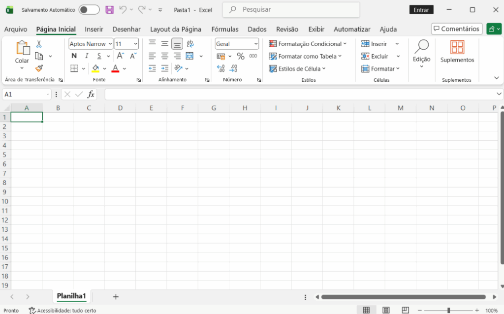 tela do excel aberta