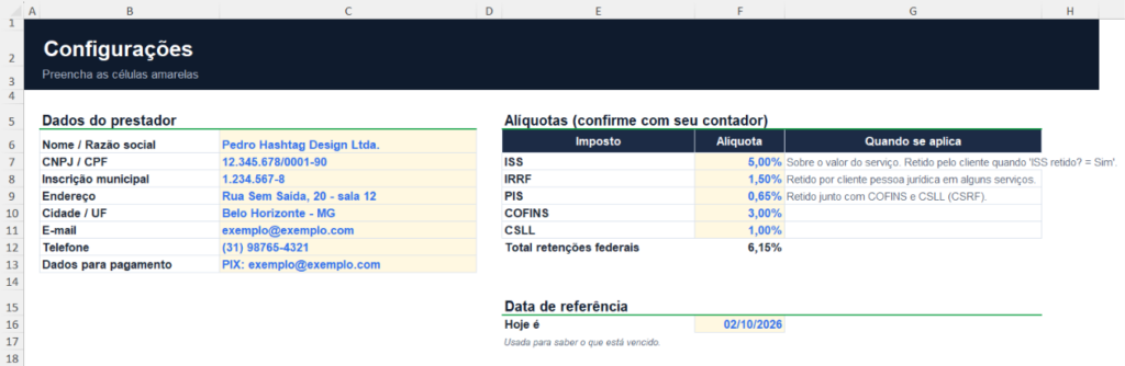 Configurações da planilha de controle de notas fiscais com dados do prestador e alíquotas de ISS e retenções