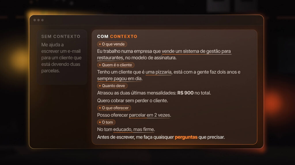 Pedido sem contexto e com contexto no chat do Claude