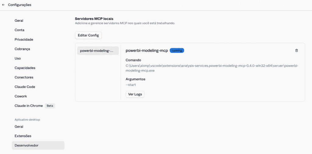 Power BI Modeling MCP conectado ao Claude Desktop