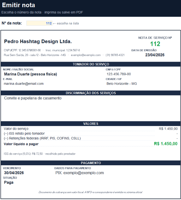 Documento de cobrança com layout de nota fiscal de serviço gerado pela planilha