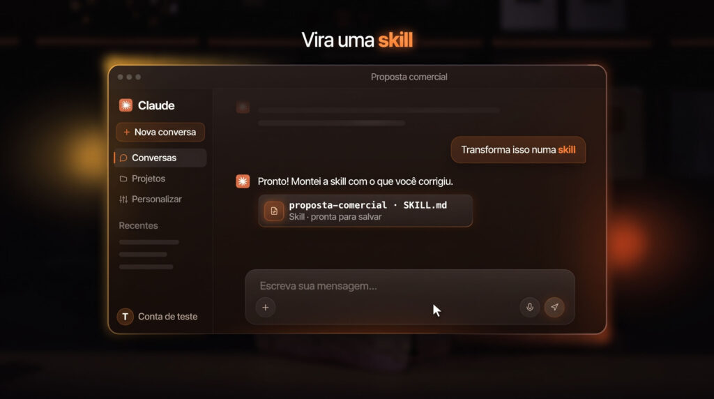 Pedido para transformar uma conversa em skill no Claude