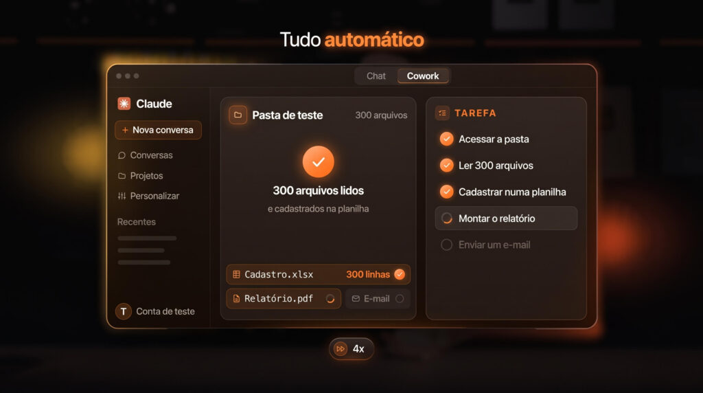 Claude Cowork lendo 300 arquivos e montando planilha e relatório