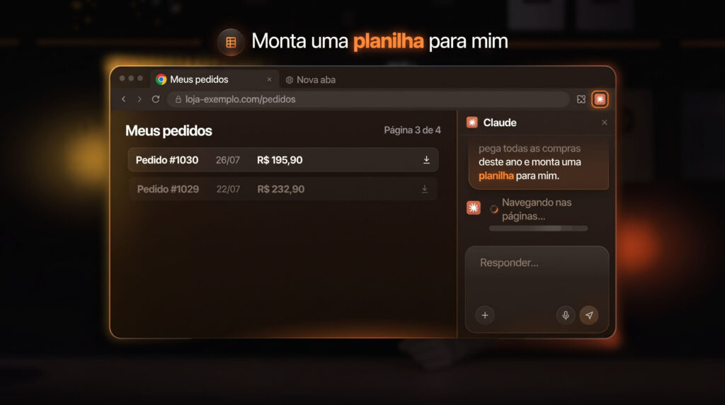 Claude no Chrome navegando em pedidos para montar uma planilha
