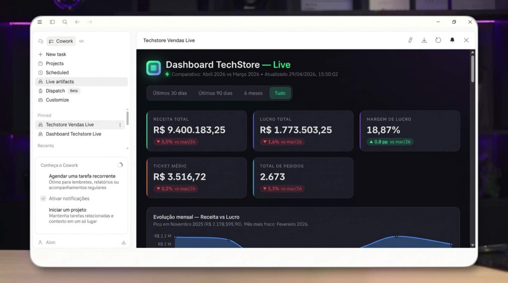 Dashboard de vendas criado como artefato no chat do Claude