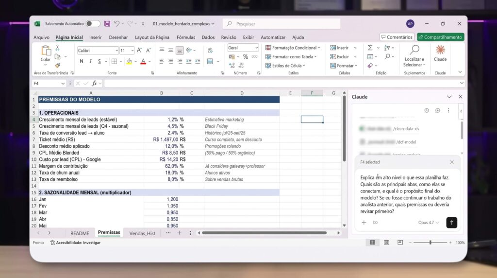 Claude funcionando dentro do Excel