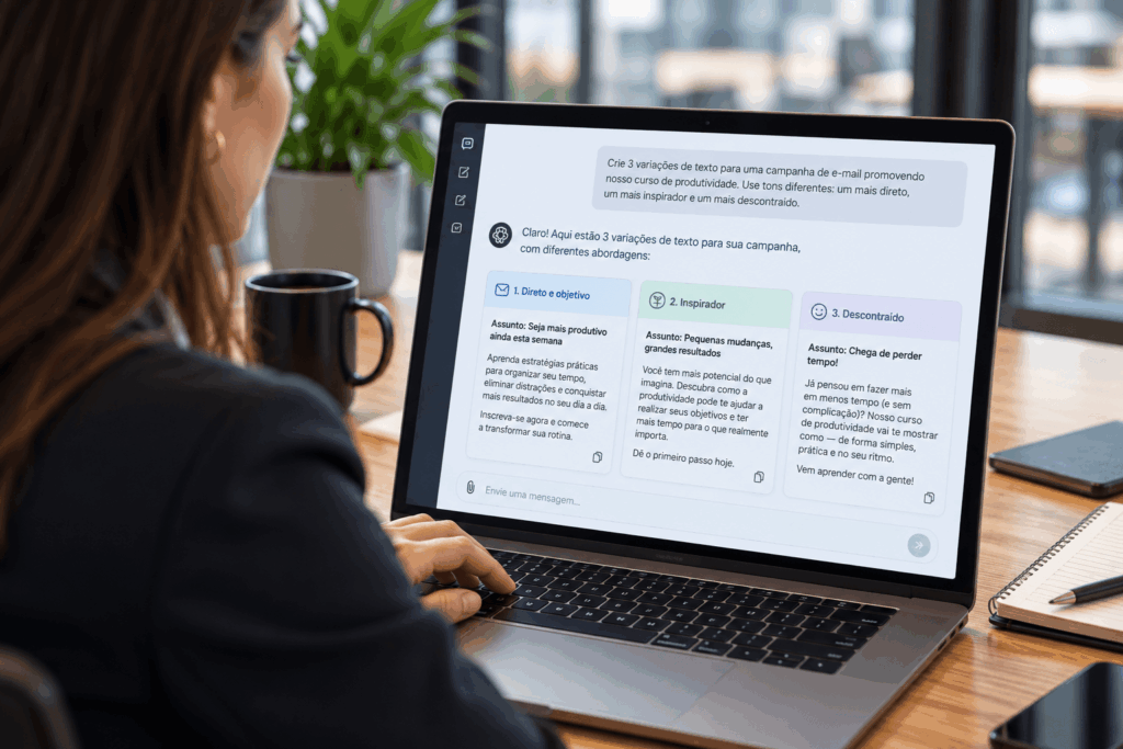 Profissional de marketing usando ChatGPT para criar variações de campanha
