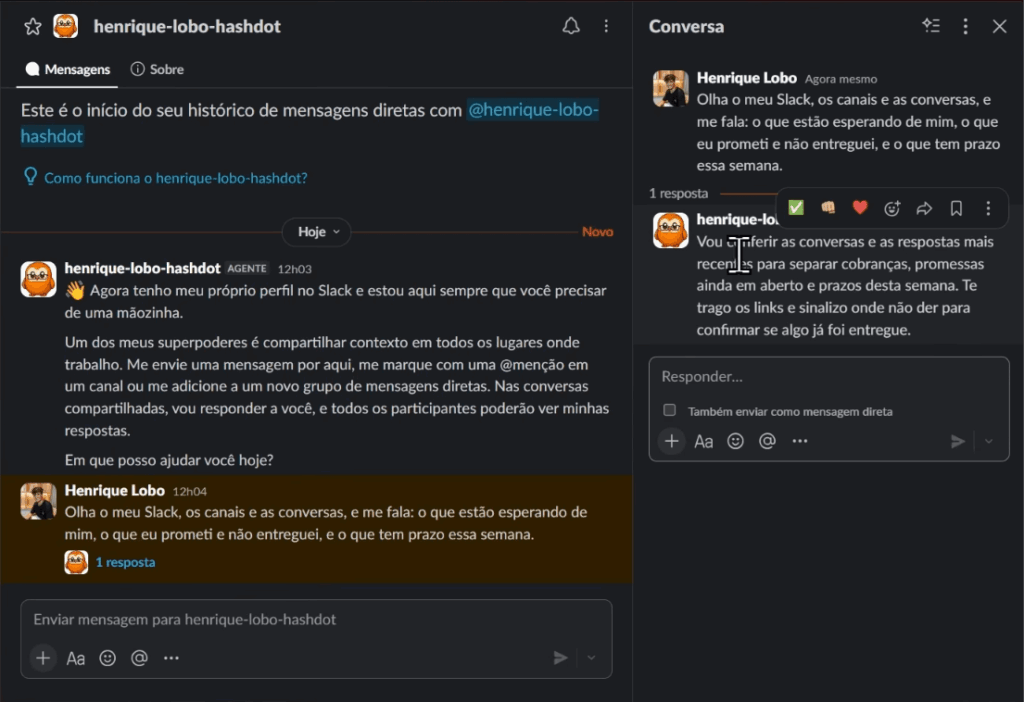 Dots do ChatGPT conectado ao Slack