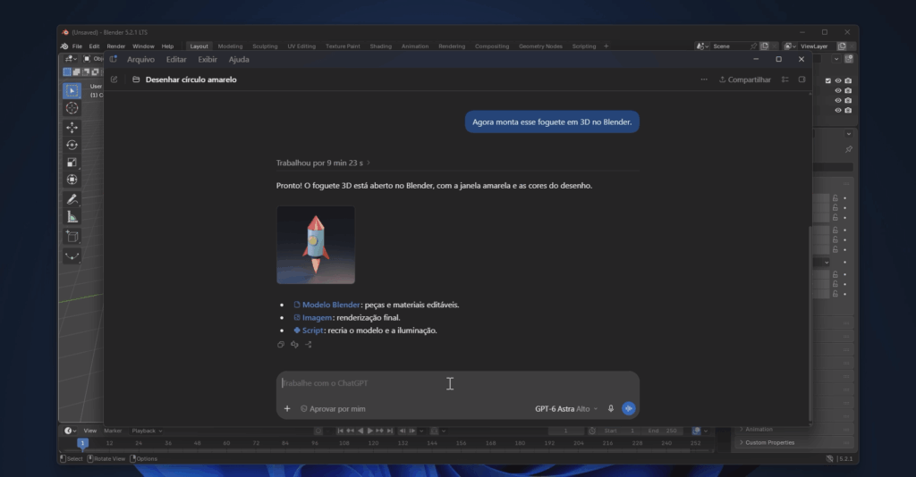 Foguete 3D no Blender criado com o GPT-6