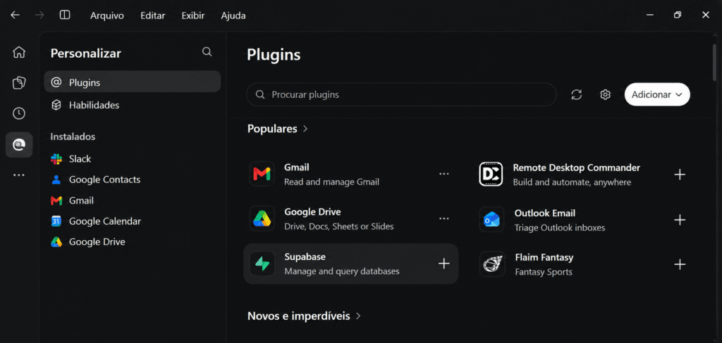 Interface de Plugins disponíveis para o Dots do ChatGPT