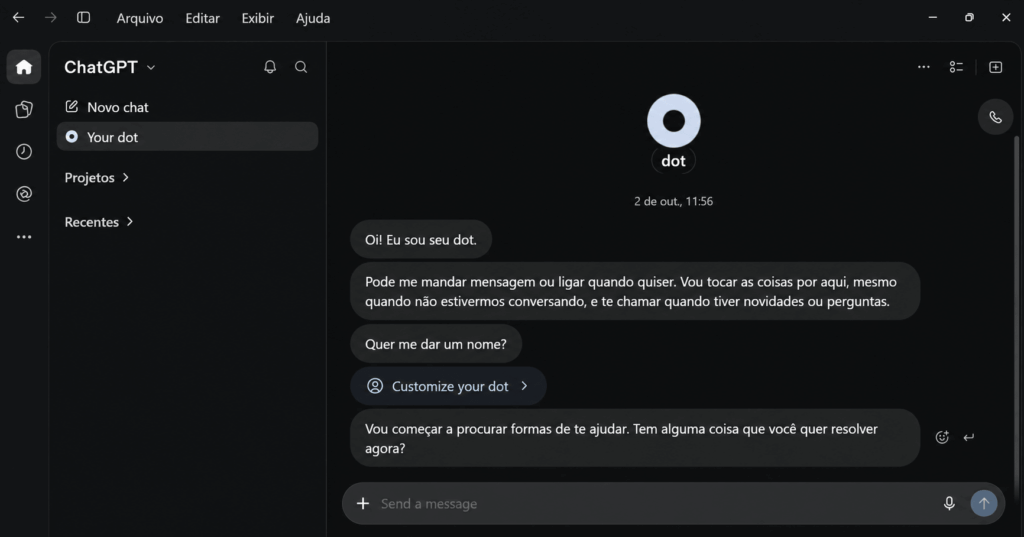 Interface de boas vindas do Dots do ChatGPT em português