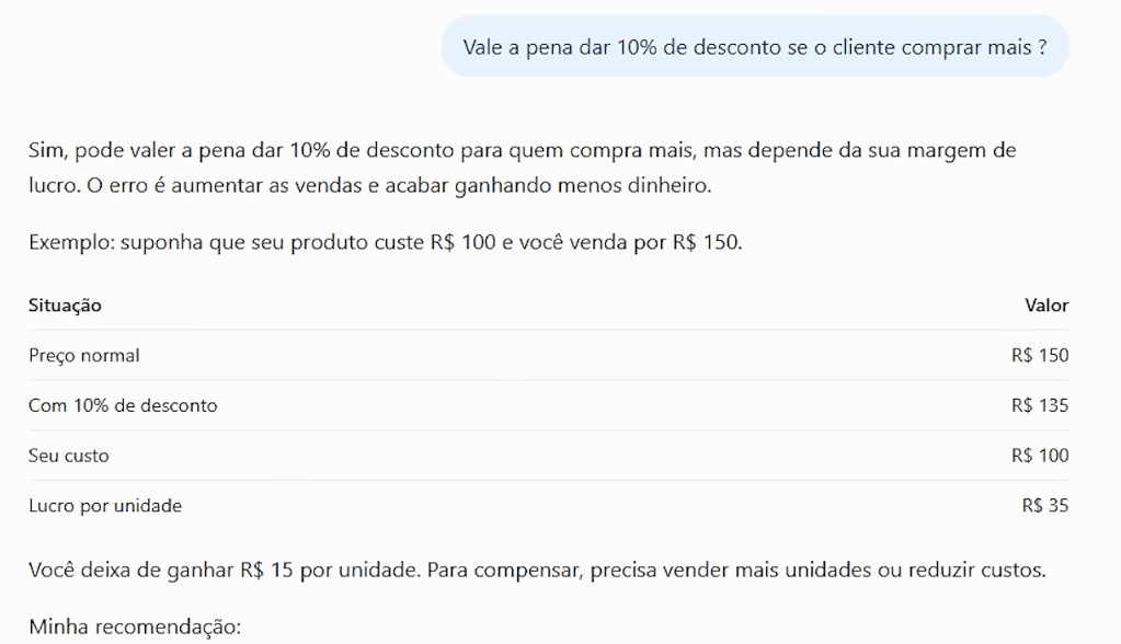 Resposta em texto do ChatGPT antes da interface interativa