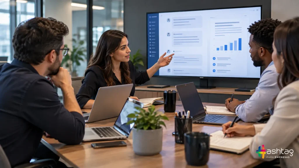 Equipe compartilhando práticas de uso da inteligência artificial em reunião de trabalho