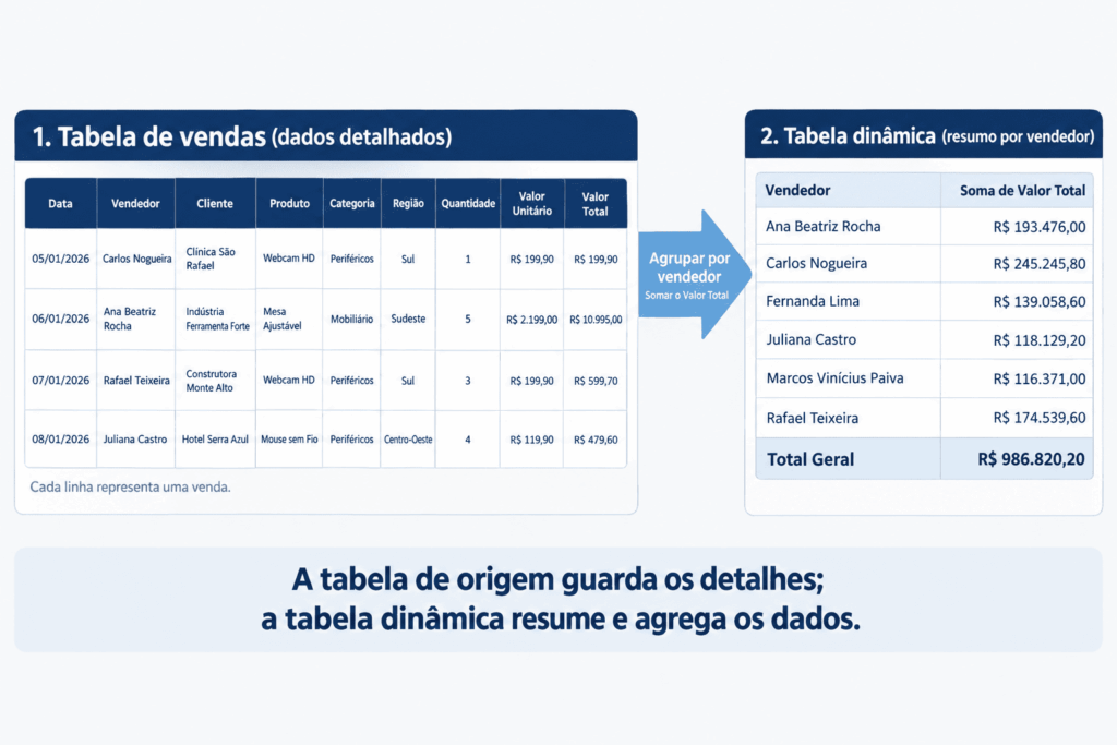 Base de dados de vendas com muitas linhas ao lado do resumo gerado por uma tabela dinâmica no Excel