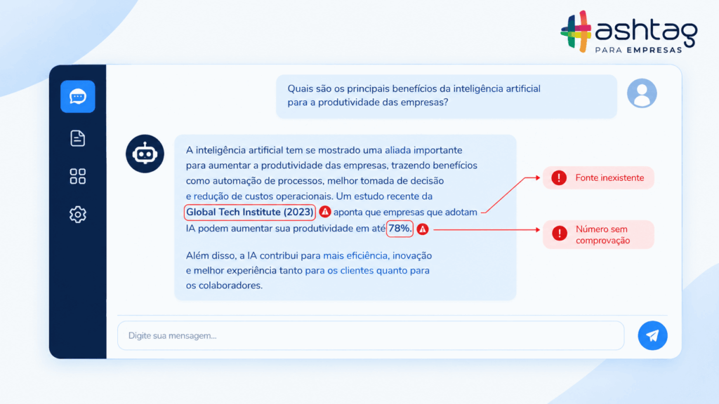Exemplo de alucinação de IA com citação inexistente e número inventado destacados em vermelho na resposta de um chatbot.