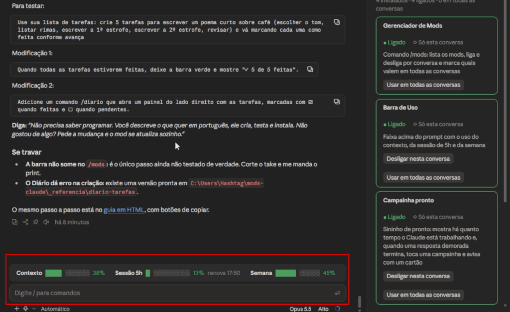 mod diário de tarefas no claude code