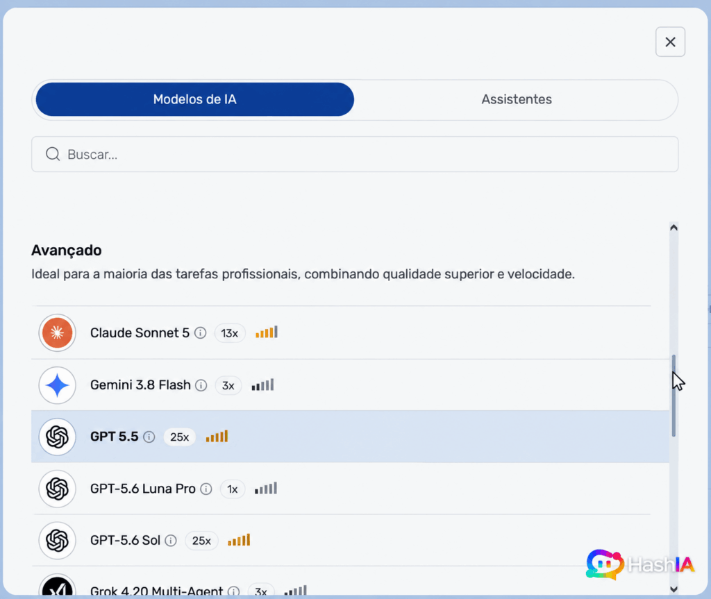 Seletor de modelos em uma plataforma de IA com várias IAs no HashIA